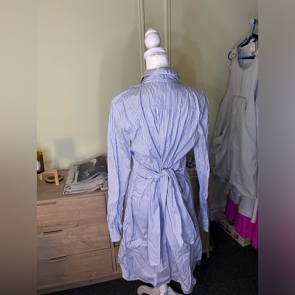 ANN TAYLOR Blue & White Seersucker Stripe Wrap Button Down Modest Midi Dress M - Picture 5 of 16